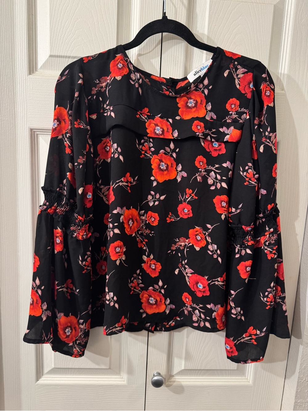 a.n.a Black Blouse with Red Floral Print and Ruffle Yoke